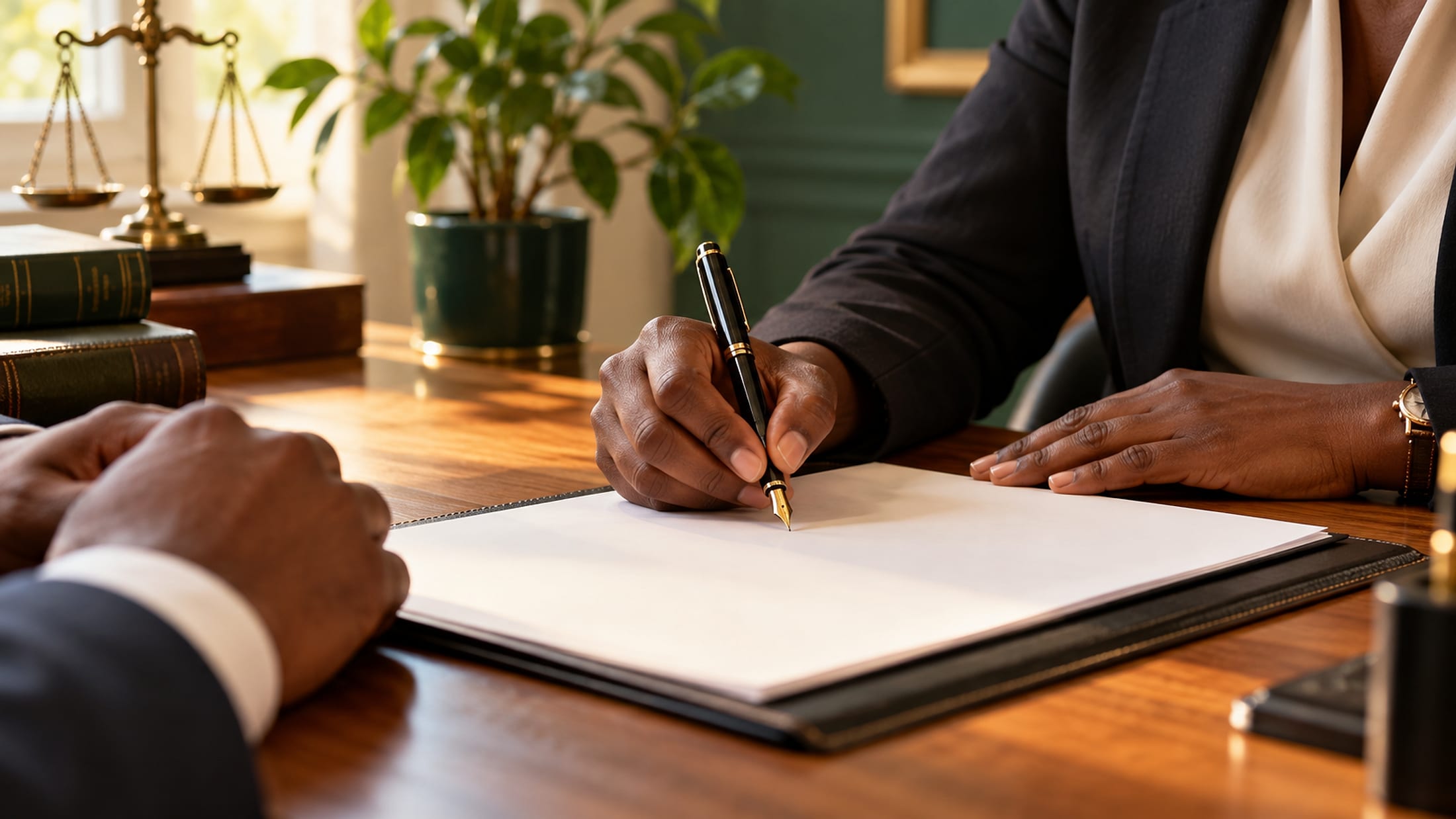 A client signing a document at an attorney&rsquo;s desk with a fountain pen