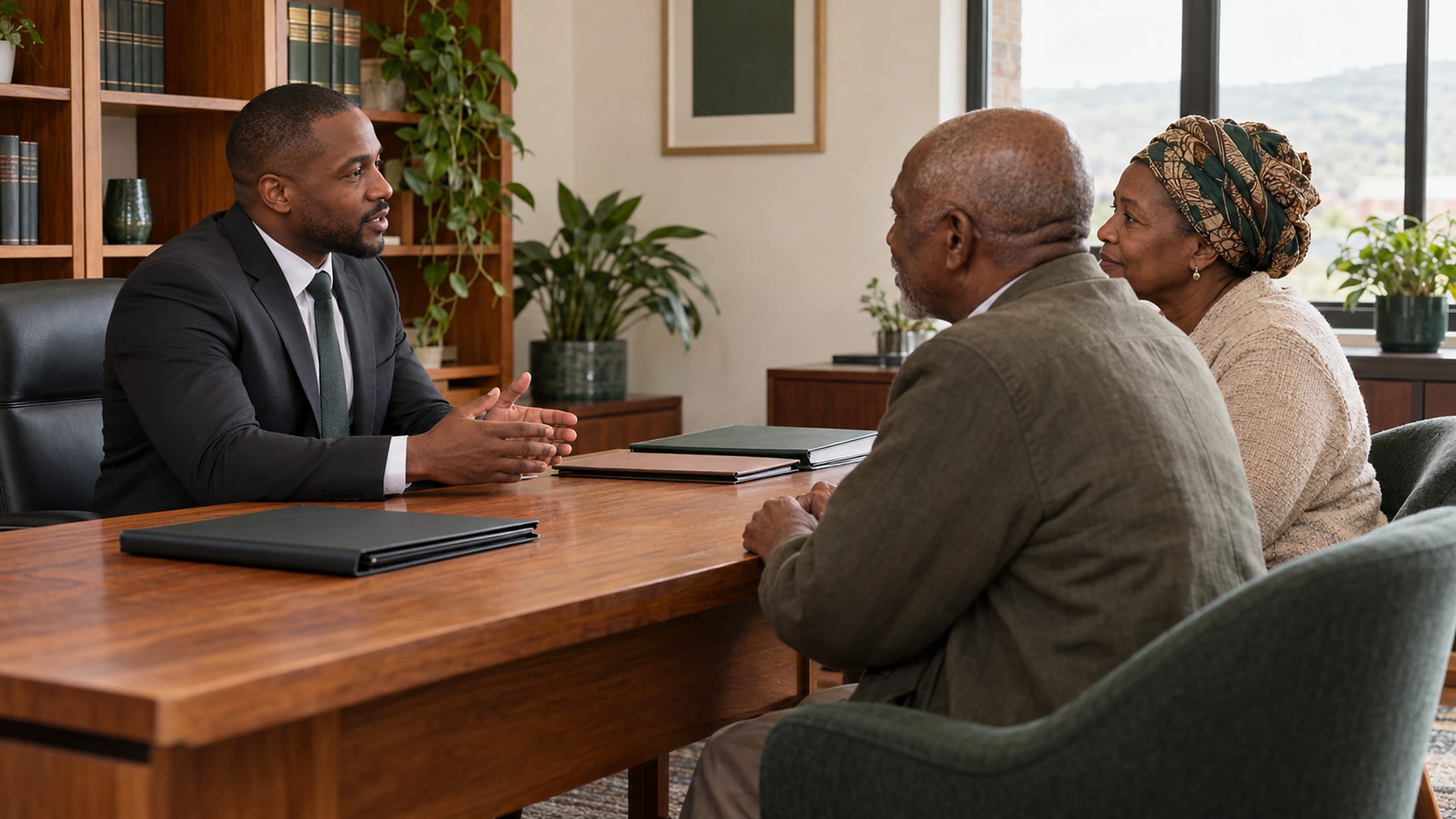 An attorney talking with an older couple across a desk